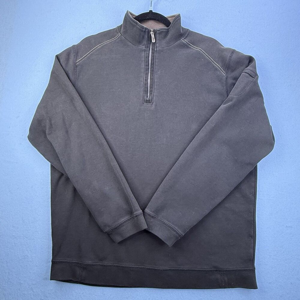 Tommy Bahama 1/4 Zip Sz Med Dark Gray/Black Brown Collar Cotton 1215